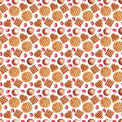 Watercolor illustration with wafers of various shapes. Heart waffles, square waffles, and round waffles