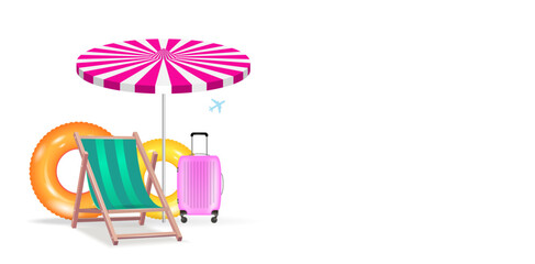 Isolated realistic 3d objects. Illustration of travel, tourism during vacation.
 Chaise longue, swimming ring, seashore.