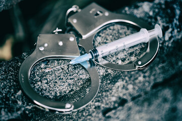 handcuffs with syringe lie on stone