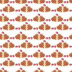 Watercolor illustration with wafers of various shapes. Heart waffles, square waffles, and round waffles