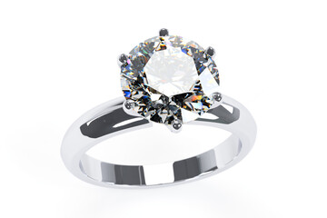 Diamond solitaire engagement ring with a round brilliant cut stone on white background. 3d rendering