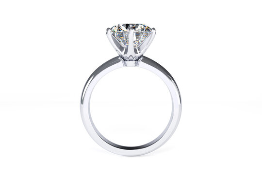 Diamond solitaire engagement ring with a round brilliant cut stone on white background. 3d rendering