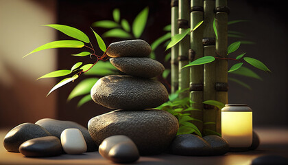 Fototapeta na wymiar Bamboo And Stones For Wellness Spa Concept - Generative AI