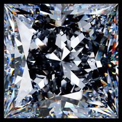 Large close up princess cut diamond isolated on black background. 3d rendering.