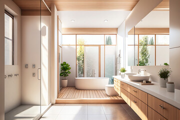 Fototapeta na wymiar Modern Bright Bathroom White And Beige Colors - Generative AI