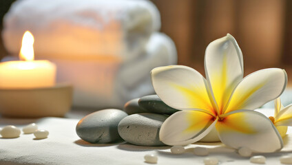 spa composition on massage with Soft White Towels, Essential Oils, flower, Candles, and Relaxation. Generative AI
