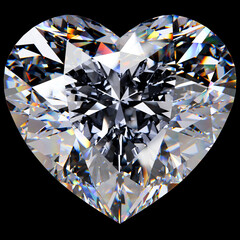 Large close up heart cut diamond isolated on black background. 3d rendering.