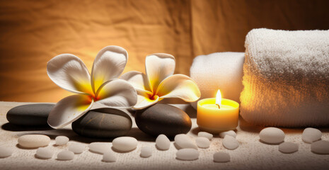 Obraz na płótnie Canvas spa composition on massage with Soft White Towels, Essential Oils, flower, Candles, and Relaxation. Generative AI