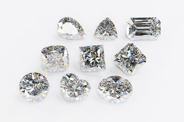Loose diamonds of popular cutting style lined up on white background. 3d illustration