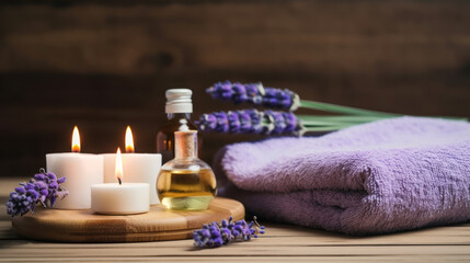 Obraz na płótnie Canvas Spa still life with lavender oil, white towel and perfumed candle on natural wood ,Generative AI