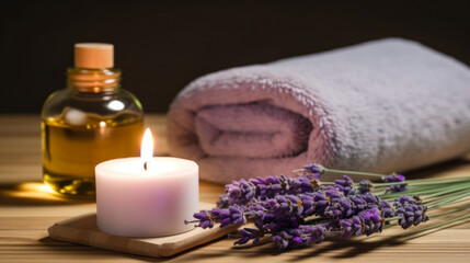 Fototapeta na wymiar Spa still life with lavender oil, white towel and perfumed candle on natural wood ,Generative AI