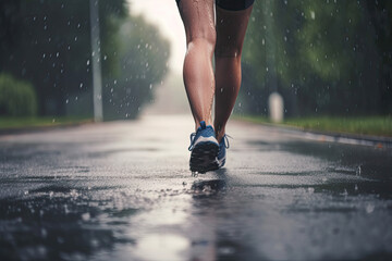 eine Joggerin läuft im Regen, nur Beine und Schuhe