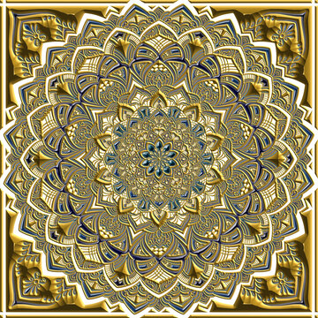 青色の宝石を金色で装飾した美しい模様の壁紙風マンダラアート