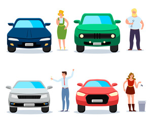 Private cars problems vector illustrations set. Frustrated people with fine, wrench, woman throwing keys away on white background. Rejection of private cars, public transport, ecology concept