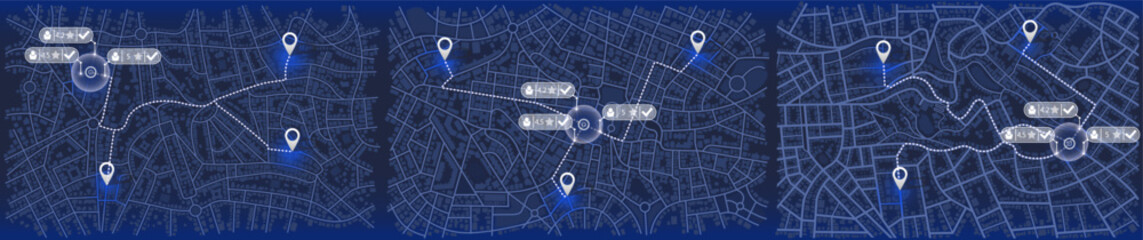 Set blue city area, background map, streets. GPS tracking map. Skyline urban panorama. Cartography Passenger location sharing for driver, digital flat design streetmap.