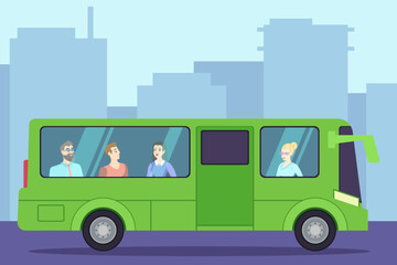 People in bus vector illustration. Men and women using public transport in city to reduce emissions from private cars. Cost and convenience of public transport, environment, ecology concept