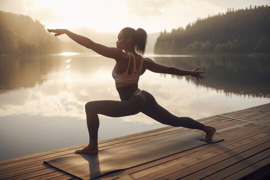 A beautiful black woman practices yoga on a wooden pier by the lake. African American Women's National Sports Month. Photorealistic illustration generated by AI.