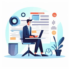 Businessman audits online docs with quality assessment management checklist. Evaluates business docs, analyzes market data reports, consults for plan review