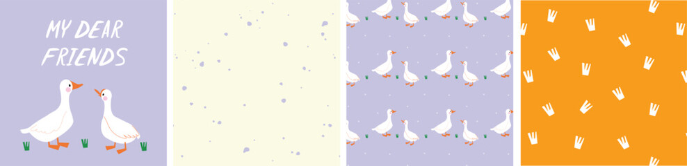 Cute illustration with white geese and hand lettering. A set of patterns with drops, a trail of birds and a repeating pattern of white ducks. Set of postcards and patterns