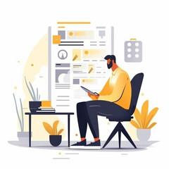 Fototapeta premium Businessman audits online docs with quality assessment management checklist. Evaluates business docs, analyzes market data reports, consults for plan review