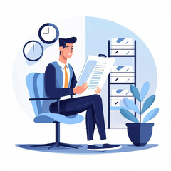 Businessman audits online docs with quality assessment management checklist. Evaluates business docs, analyzes market data reports, consults for plan review
