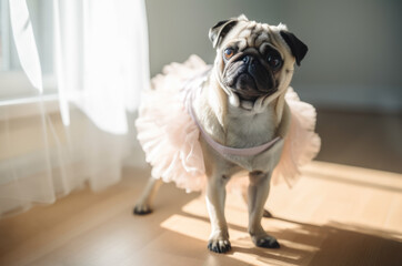 Pug wearing a tutu in a ballet school. Generative AI