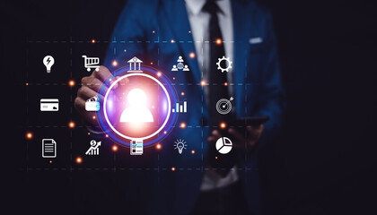 Businesspeople touching on screen to target customer. Target customer, buyer persona, customer...