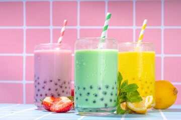 Set colorful summer bubble tea