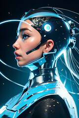 Fototapeta na wymiar A young woman wearing a high-tech, neon blue headpiece