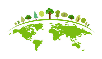 Green world concept vector illustration. Green trees on planet earth in flat design on white background.