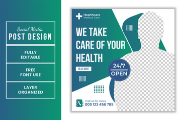 We take care of your health square promotional medical service social media post design template fully editable EPS file format High quality easy to customize