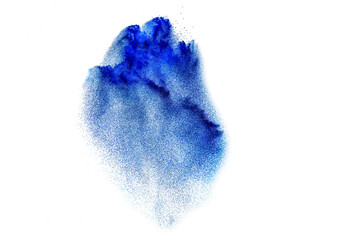 Splash of blue colored powder. Blue powder particles splatter on white blackground.