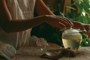 Woman preparing a pot of ginger infusion as part of a healthy morning routine, showing slow living, wellness and holistic healing - obrazy, fototapety, plakaty