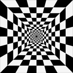 Perspective of black and white squares, the illusion of a tunnel. Abstract perspective geometric chess background vector. Perspective Geometric Art.