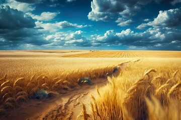 Landscape of wheat fields with cumulus clouds. Dreamy summer landscape. Generative AI.