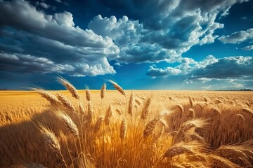 Landscape of wheat fields with cumulus clouds. Dreamy summer landscape. Generative AI. - obrazy, fototapety, plakaty