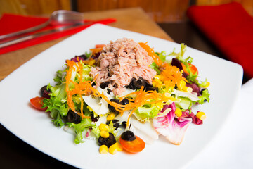 Delicious green salad with tuna and tomato
