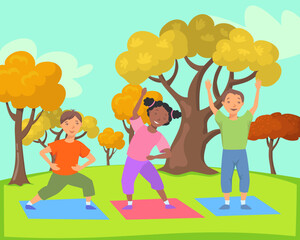 Fototapeta premium Children exercising in park vector illustration. Happy young people practicing yoga and stretching outside. Outdoor workouts, healthy lifestyle, activity, sports concept