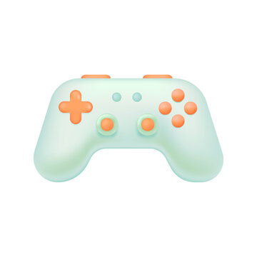 White controller with orange buttons 3D illustration. Cartoon drawing of gamepad or console for playing games in 3D style on white background. Entertainment, leisure, technology, gaming concept