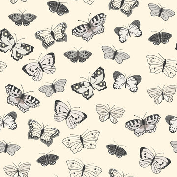 Seamless pattern in pastel colors with the image of flying butterflies in black and white colors . Vector illustration on a light yellow background.