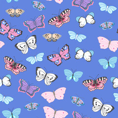 Seamless pattern in pastel colors with the image of flying butterflies in pink, purple, blue, white and other colors. Vector illustration on a blue background.