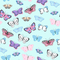 Seamless pattern in pastel colors with the image of flying butterflies in pink, purple, blue, white and other colors. Vector illustration on a light turquoise background.