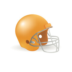 Orange helmet for American football 3D illustration. Cartoon drawing of headgear or sportswear for athletes in 3D style on white background. Sports, healthy lifestyle, football concept