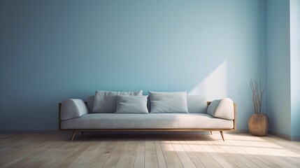 Canapé gris, sofa, adossé à un mur bleu pastel, pièce vide, illustration graphique, ia générative
