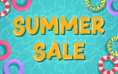 Summer sale banner design with colorful pool accessories such as inflatable circle floaters perfect for summer. Vector illustration. 