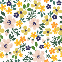 A pattern of neutral beige, yellow, purple and orange flowers with green leaves on a white background. Seamless floral vector repeating pattern.