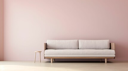 Canapé blanc, sofa, adossé à un mur rose pastel, pièce vide, illustration graphique, ia générative