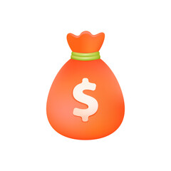 Orange bag with dollar symbol 3D illustration. Cartoon drawing of sack of money or cash in 3D style on white background. Finances, business, banking, investment, success concept