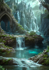 waterfall in the middle of a mountain with a castle in the background