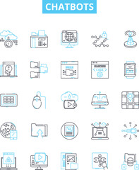 Chatbots vector line icons set. Chatbots, AI, Automation, Dialogue, Conversational, Virtual, NLP illustration outline concept symbols and signs
